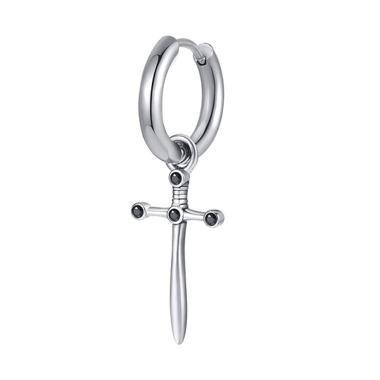 Rockyu ピアス メンズ ステンレス フープ クロス＆モチーフ シルバー ブラックジルコニア ヴィンテージ風