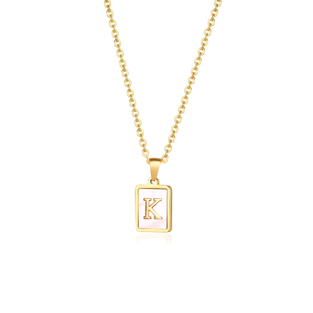 Rockyu ネックレス レディース ゴールド ホワイト イニシャルスクエアペンダント あずきチェーン ステンレス製 ギフトや記念日に