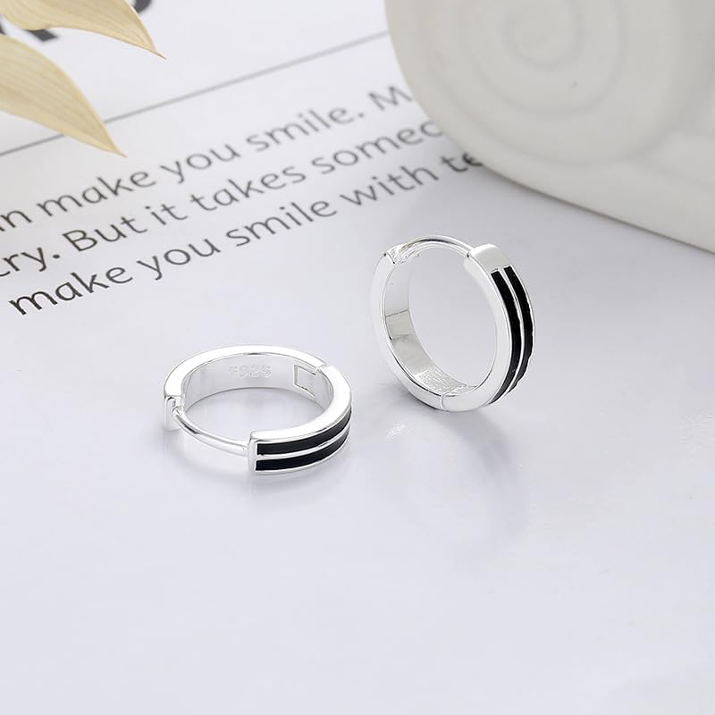 Rockyu シルバー925 ダブルブラックライン フープピアス シンプルモダン 男女兼用