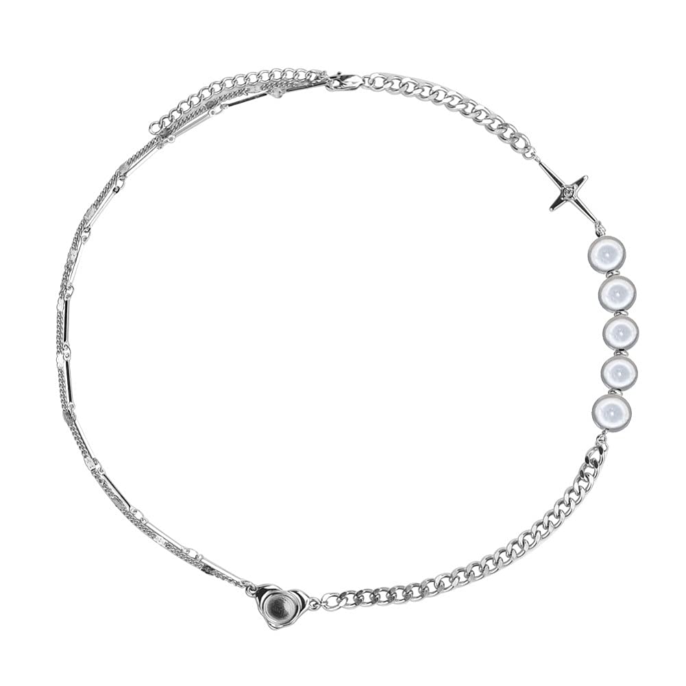 Rockyu ネックレス メンズ レディース シルバー 十字架 パールネックレス チェーン 長さ45cm+5cm チタン製 金属アレルギー対応 ヒップホップ ファッション アクセサリー
