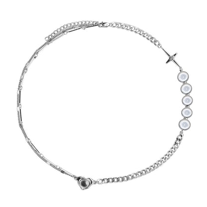 Rockyu ネックレス メンズ レディース シルバー 十字架 パールネックレス チェーン 長さ45cm+5cm チタン製 金属アレルギー対応 ヒップホップ ファッション アクセサリー