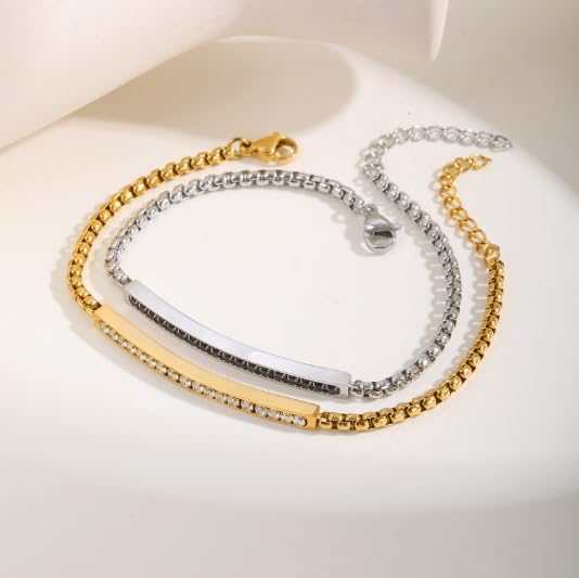 ペアブレスレット キュービックジルコニア付き｜ゴールド＆シルバー ステンレスチェーン