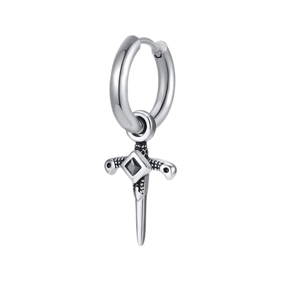 Rockyu ピアス メンズ ステンレス フープ クロス＆モチーフ シルバー ブラックジルコニア ヴィンテージ風