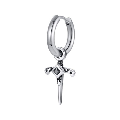 Rockyu ピアス メンズ ステンレス フープ クロス＆モチーフ シルバー ブラックジルコニア ヴィンテージ風