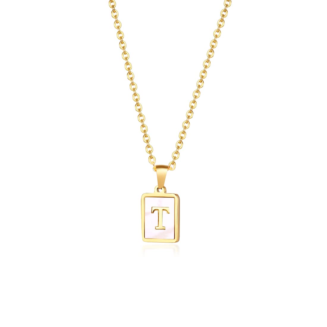 Rockyu ネックレス レディース ゴールド ホワイト イニシャルスクエアペンダント あずきチェーン ステンレス製 ギフトや記念日に