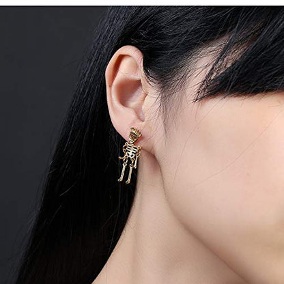 Rockyu スケルトンクラウンピアス｜揺れるドクロデザイン・ユニセックス・3色展開（ブラック/ゴールド/シルバー）