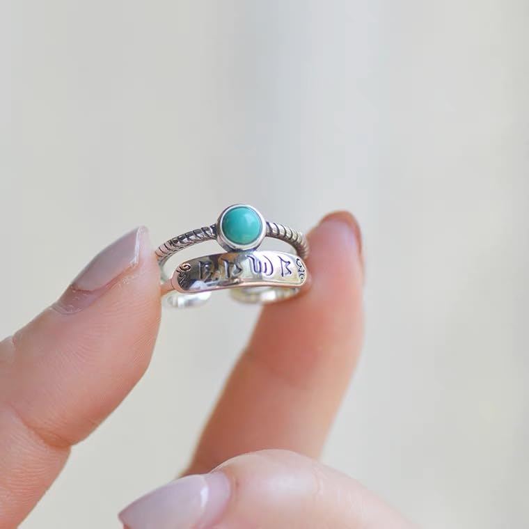 Rockyu シルバー925 緑松石 六字真言 お守りリング ヴィンテージ 開口デザイン アジャスタブルサイズ