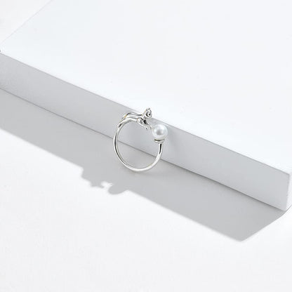 Rockyu レディースリング フリーサイズ 猫とパールのシルバー925指輪