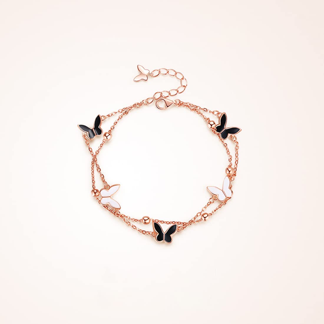 Rockyu ブレスレット レディース ピンクゴールド 18k エナメル 蝶々 バタフライブレスレット 二連チェーン 昆虫モチーフ誕生日 記念日 おしゃれ アクセサリー
