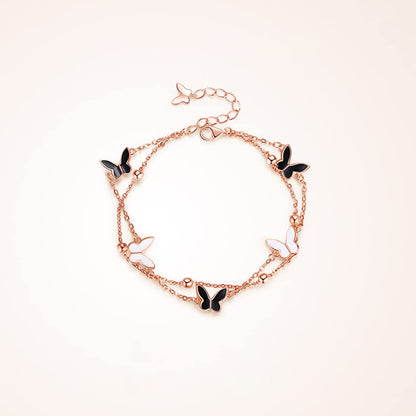 Rockyu ブレスレット レディース ピンクゴールド 18k エナメル 蝶々 バタフライブレスレット 二連チェーン 昆虫モチーフ誕生日 記念日 おしゃれ アクセサリー