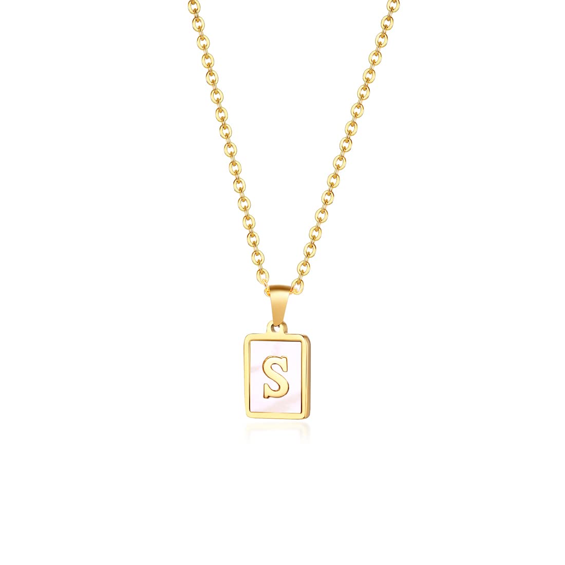 Rockyu ネックレス レディース ゴールド ホワイト イニシャルスクエアペンダント あずきチェーン ステンレス製 ギフトや記念日に