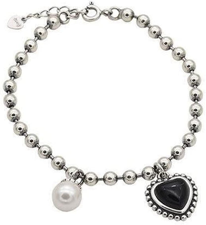 Rockyu ブラックハートネックレス＆ブレスレット レディース シルバー パール付きセット INS風