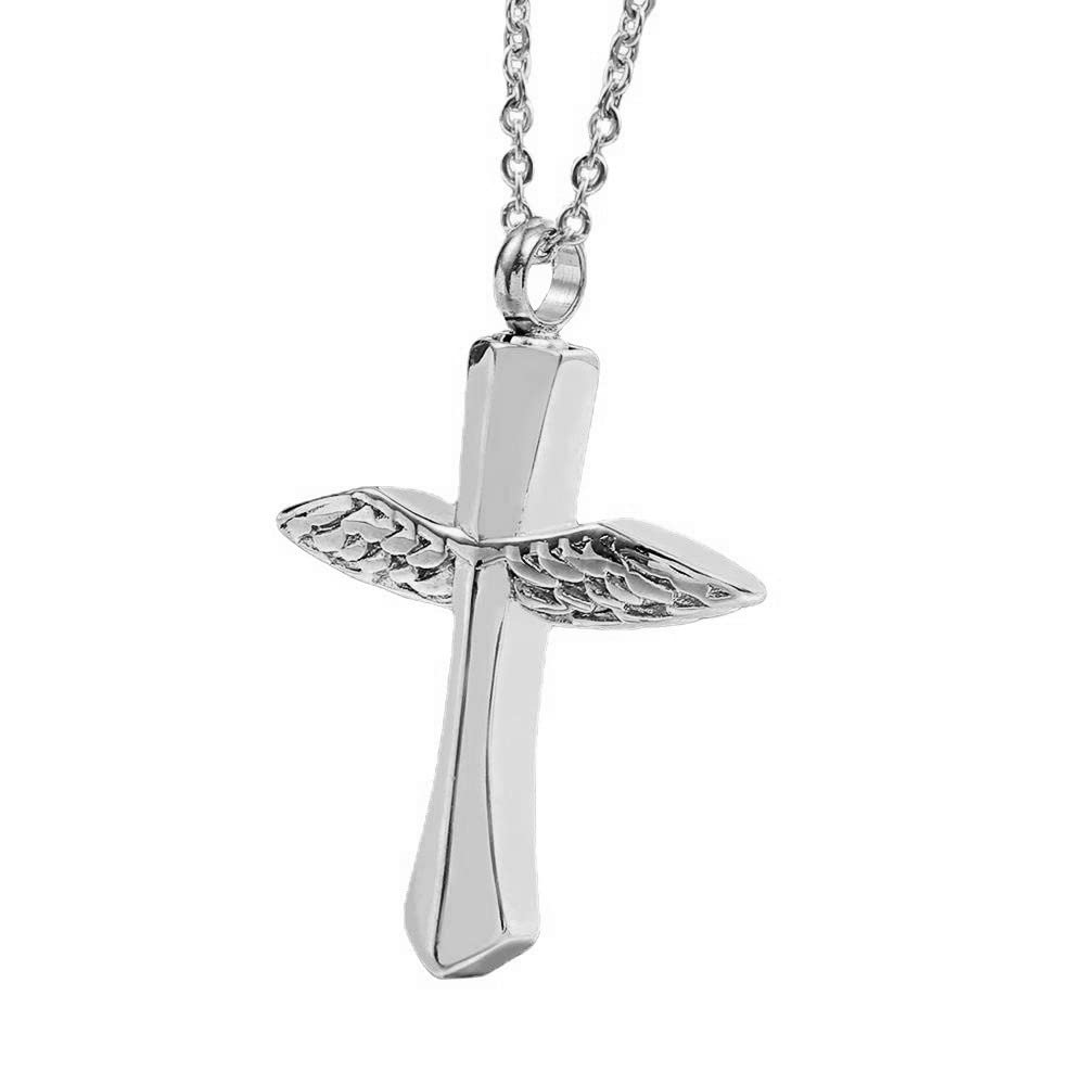 Rockyu メモリアルネックレス レディース メンズ 天使の翼 クロス 遺骨ペンダント あずきチェーン チタン 金属アレルギー対応