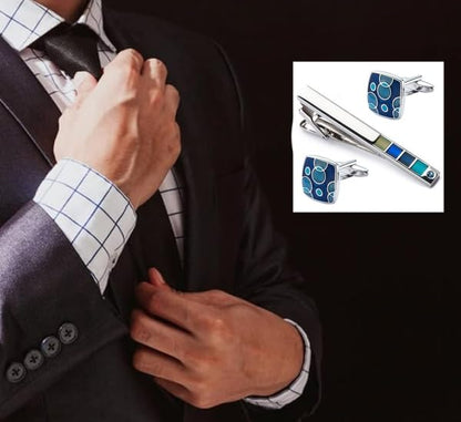 Rockyu ネクタイピン＆カフスセット メンズ シルバー ブルー幾何学模様 ビジネス・結婚式用 ギフト
