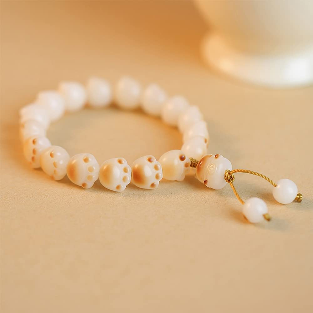 Rockyu レディース 猫肉球ブレスレット 白玉菩提×炭焼き風 数珠デザイン お守りアクセサリー