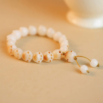 Rockyu レディース 猫肉球ブレスレット 白玉菩提×炭焼き風 数珠デザイン お守りアクセサリー