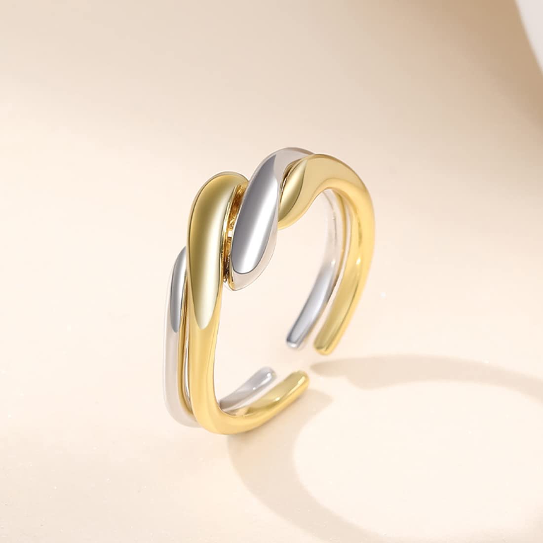 Rockyu レディースリング フリーサイズ ダブルライン風 シルバー＆ゴールド 幾何学デザイン指輪