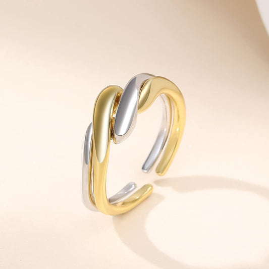 Rockyu レディースリング フリーサイズ ダブルライン風 シルバー＆ゴールド 幾何学デザイン指輪