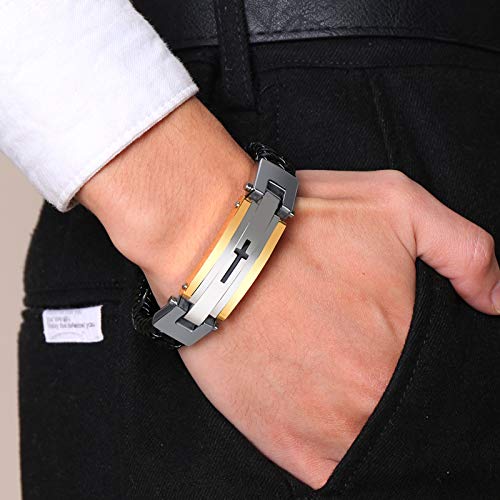 Rockyu ブレスレット メンズ レザー ブラック 十字架 ステンレス 革製バングル シンプル 腕輪