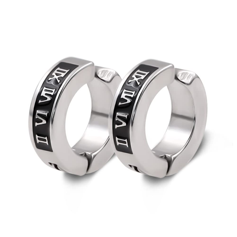 Rockyu フェイクピアス メンズ シルバー 黒 ローマ数字 チタン ノンホール