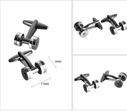 Rockyu カフスボタン メンズ 銀色×銃黒色 ステンレス ダンベル型 スポーツ風 ビジネス フォーマル 結婚式 パーティー用