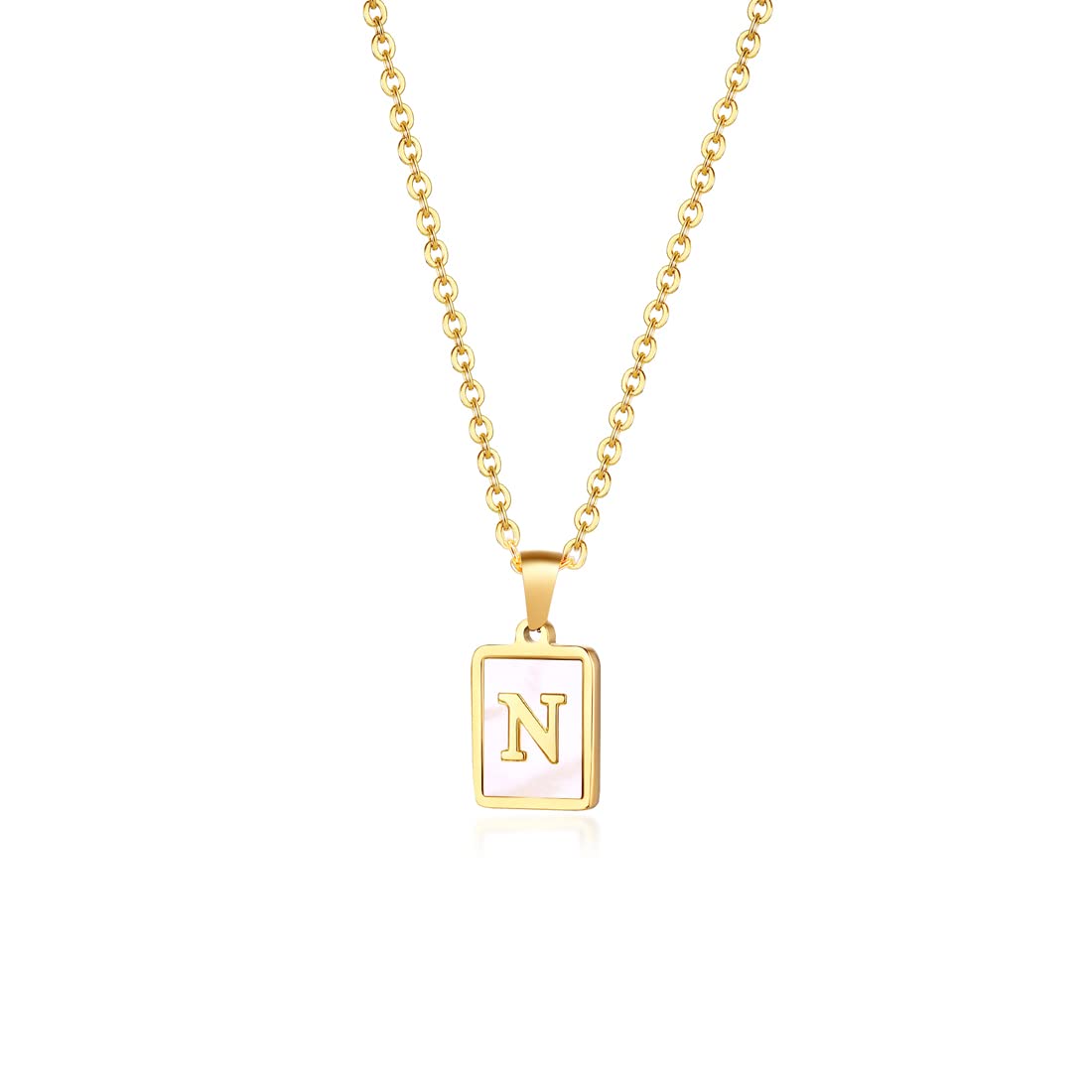 Rockyu ネックレス レディース ゴールド ホワイト イニシャルスクエアペンダント あずきチェーン ステンレス製 ギフトや記念日に