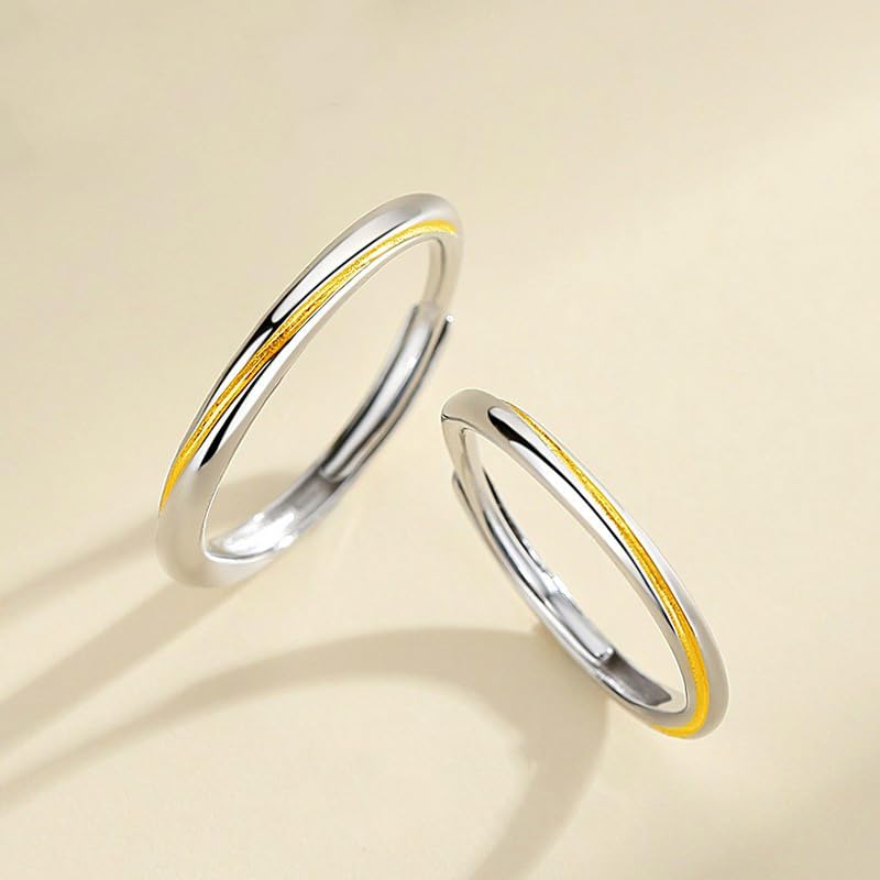 Rockyu ペアリング 2個セット S925 純銀製 指輪｜フリーサイズ 調整可能 ゴールド×シルバー