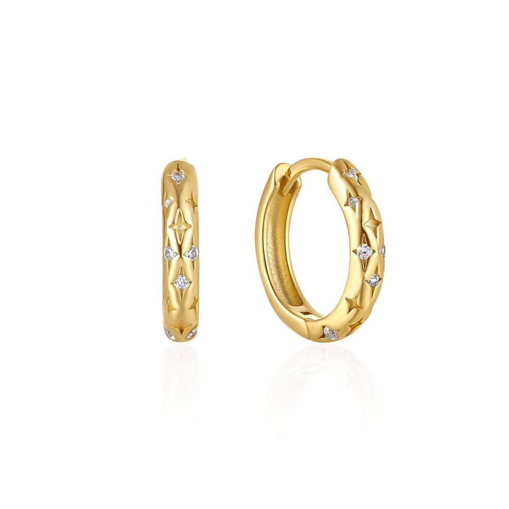 Rockyu ピアス レディース フープ ゴールド＆シルバー 18金メッキ シルバー925 星モチーフ ジルコン付き 軽量