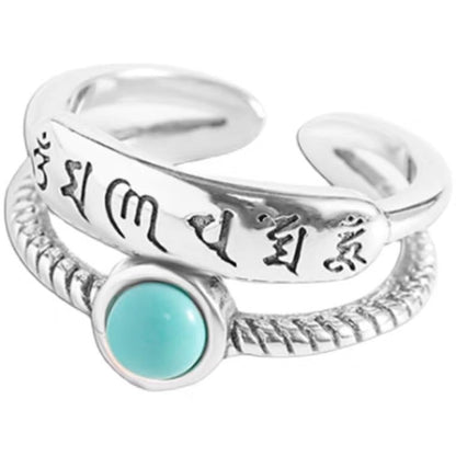 Rockyu シルバー925 緑松石 六字真言 お守りリング ヴィンテージ 開口デザイン アジャスタブルサイズ