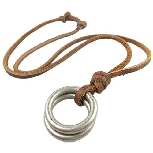 Rockyu メンズ レザーネックレス リングペンダント ロング 紐タイプ 60cm 牛革製