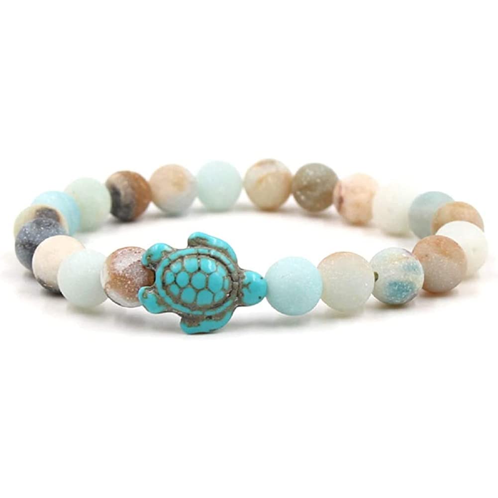 Rockyu カメモチーフ ターコイズブレスレット 天然石 数珠 ビーズ メンズ レディース