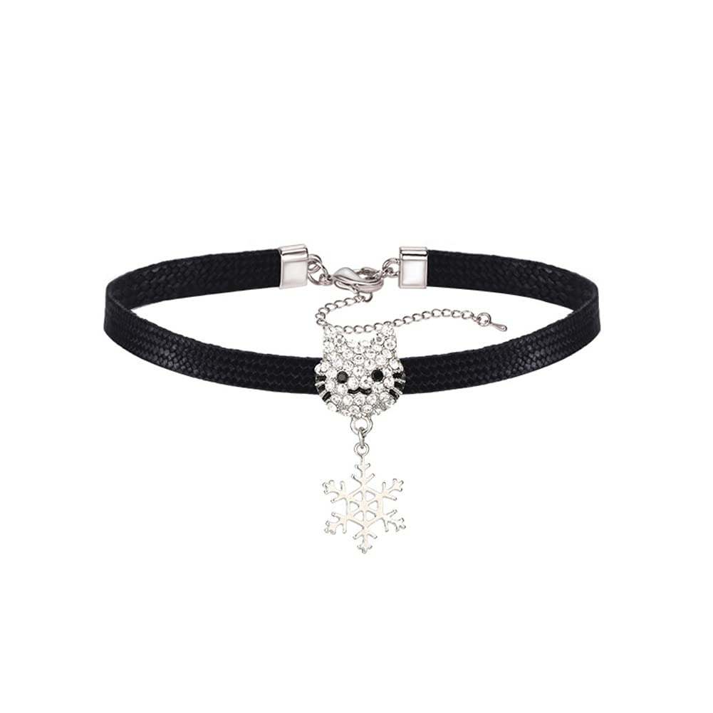 Rockyu チョーカー レディース 黒 レザー 猫 ジルコニア 雪華ペンダント