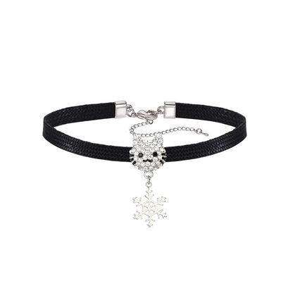 Rockyu チョーカー レディース 黒 レザー 猫 ジルコニア 雪華ペンダント