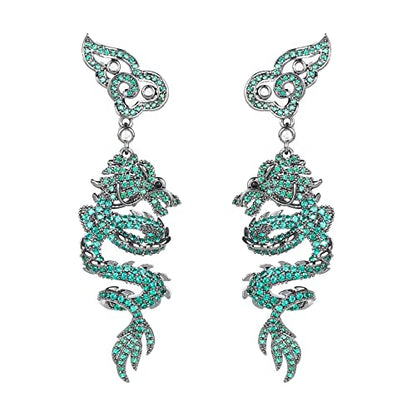 Rockyu 龍ピアス レディース｜グリーンジルコニア×中華風ドラゴンデザイン 揺れるピアス