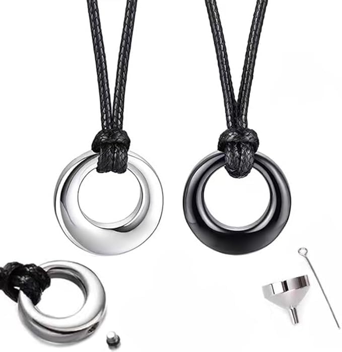 Rockyu メモリアルネックレス メンズ レディース 円形 ステンレス製 遺骨ペンダント シルバー＆ブラック 香水瓶型 お守り 追悼アクセサリー