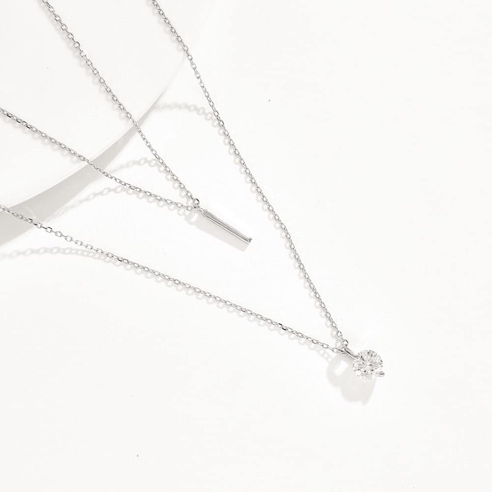 Rockyu レディースネックレス ピンクゴールド 18K 一粒ダイヤモンド スティックペンダント 2連チェーン 純銀仕上げ ジュエリー