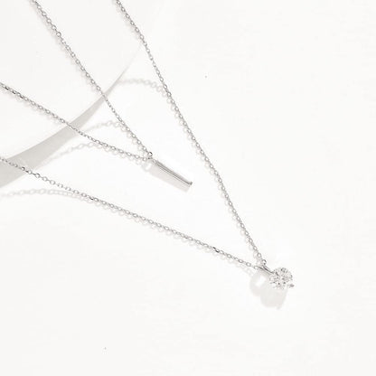 Rockyu ネックレス レディース ピンクゴールド 18K仕上げ 二連チェーン ダイヤモンド風 一粒石 スティック ペンダント 純銀風 ジュエリー アクセサリー