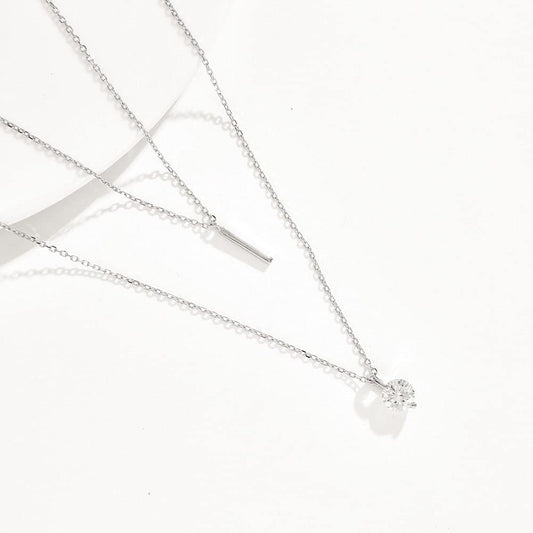 Rockyu ネックレス レディース ピンクゴールド 18K仕上げ 二連チェーン ダイヤモンド風 一粒石 スティック ペンダント 純銀風 ジュエリー アクセサリー