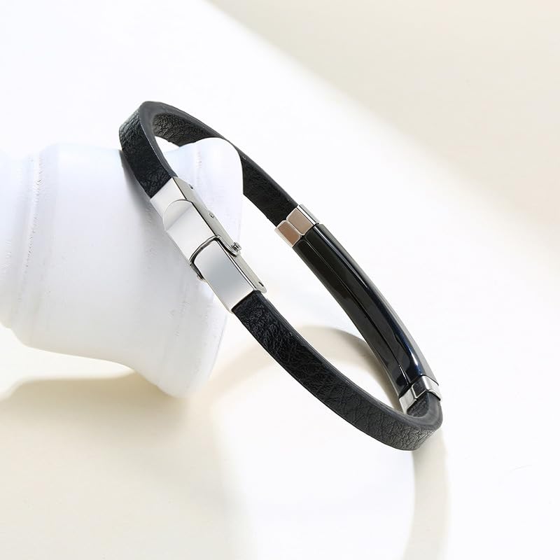 Rockyu ブレスレット メンズ 本革 プレートデザイン ステンレス製 金属アレルギー対応 レザーバングル