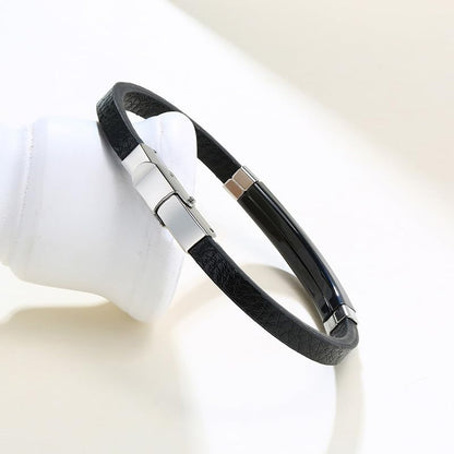 Rockyu ブレスレット メンズ 本革 プレートデザイン ステンレス製 金属アレルギー対応 レザーバングル