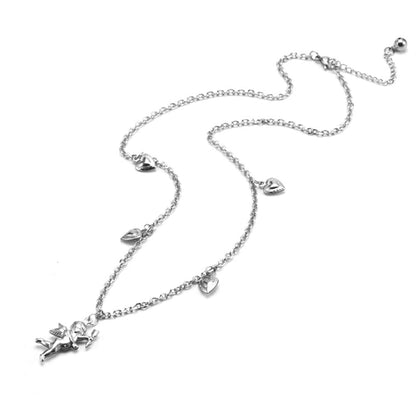 Rockyu ネックレス レディース シルバー キューピッド×ハートチャーム｜天使モチーフの可愛いチタンペンダント