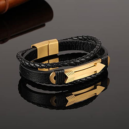 Rockyu ブレスレット メンズ 本革 多重編み込み 矢印モチーフ ゴールド＆シルバー アジアン風