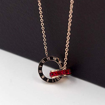 Rockyu 2連リングネックレス レディース チタン製 ピンクゴールド CZストーン 金属アレルギー対応