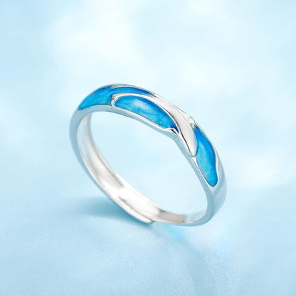 Rockyu ペアリング シルバー925 海豚モチーフ ブルーエナメル 永遠の愛