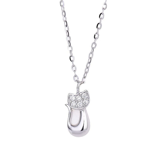 Rockyu ネックレス レディース シルバー925 猫ペンダント ジルコニア 鎖骨チェーン アレルギー対応