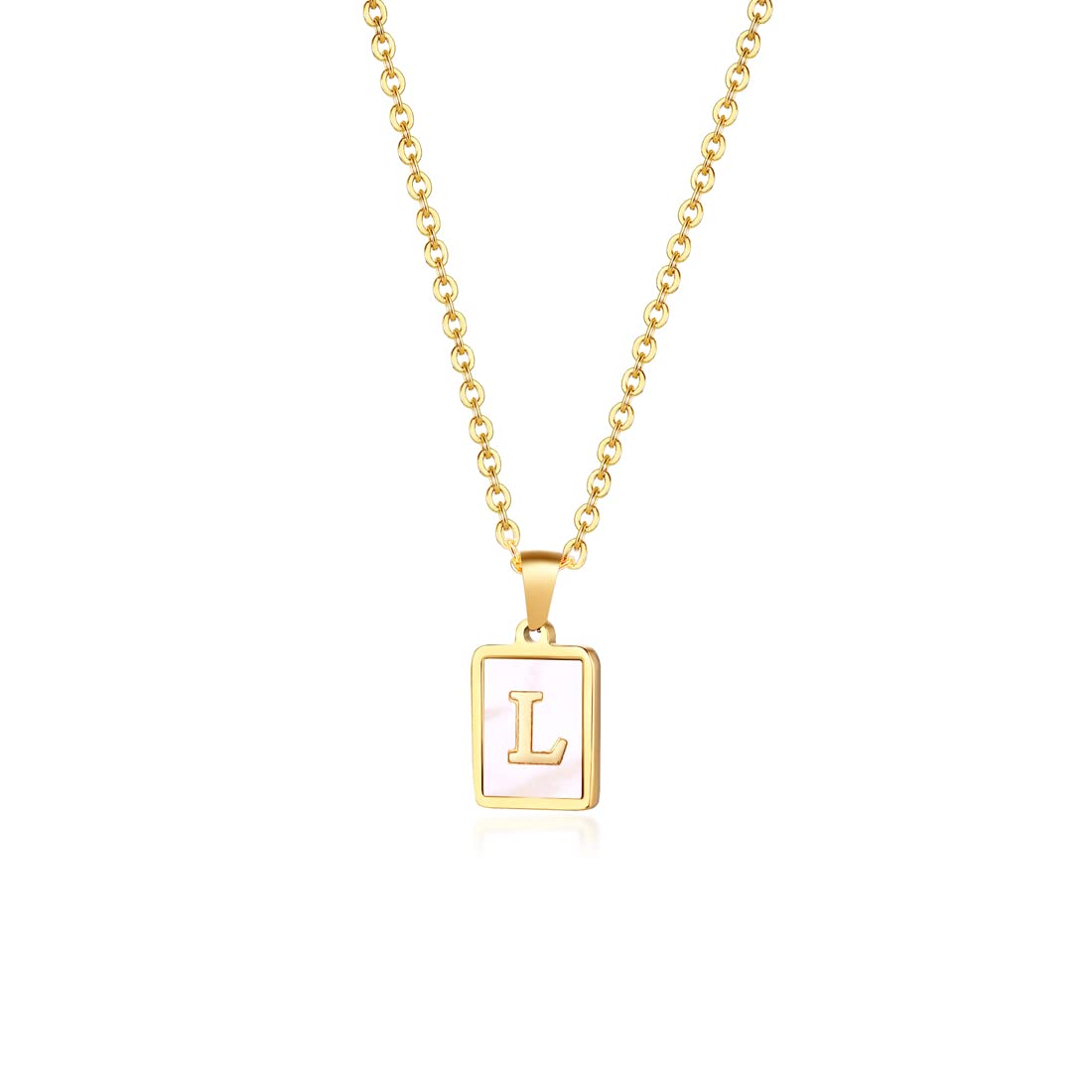 Rockyu ネックレス レディース ゴールド ホワイト イニシャルスクエアペンダント あずきチェーン ステンレス製 ギフトや記念日に