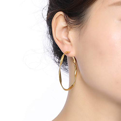 Rockyu フープピアス レディース 大ぶり ツイストフープ 軽量 ステンレス製 3色展開 金属アレルギー対応