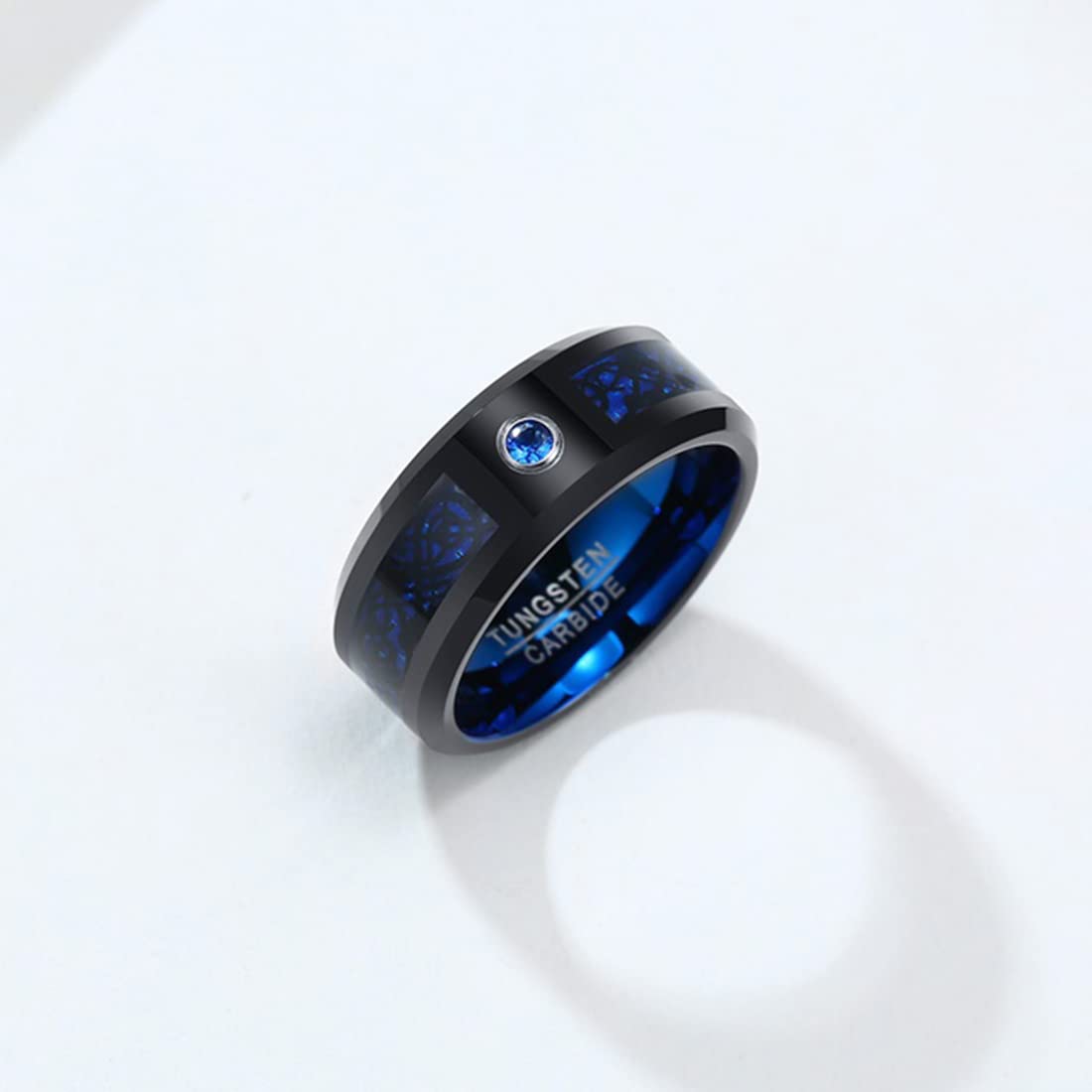 Rockyu タングステンリング メンズ 龍紋デザイン 8mm 幅広 AAAジルコニア ブルー×ブラック