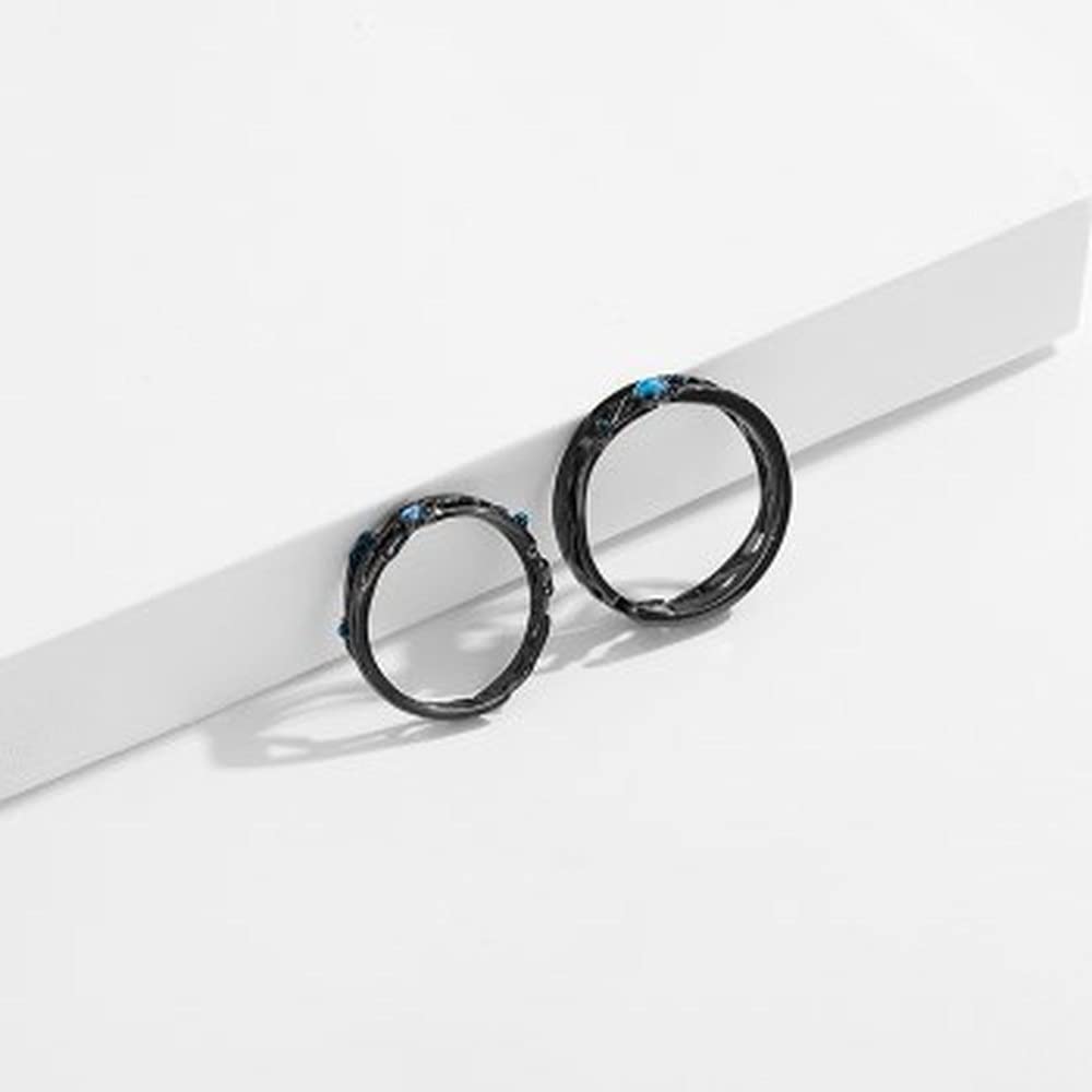 Rockyu ペアリング S925シルバー ブラック＆ブルージルコニア カップル向けフリーサイズ指輪