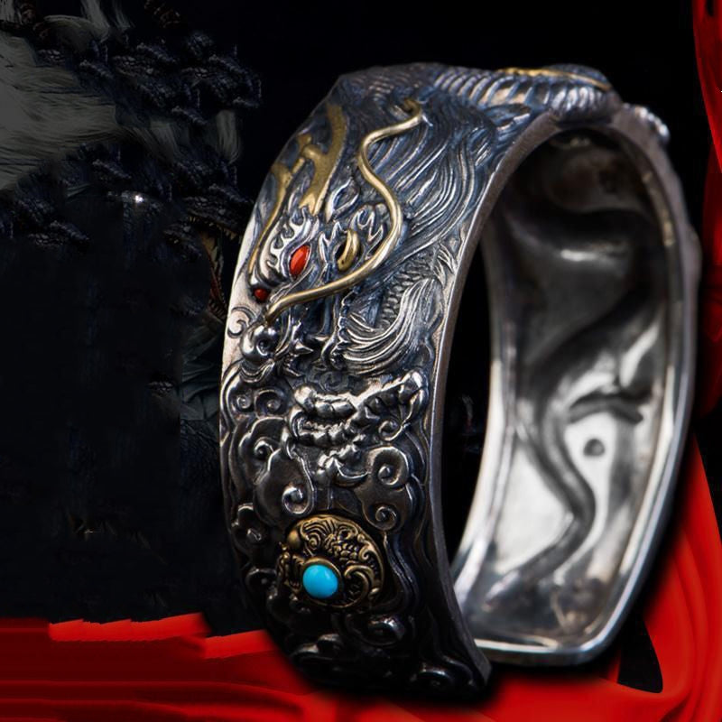 Rockyu 龍神シルバーリング メンズ レディース 太め 龍頭竜爪デザイン 開運お守りアクセサリー
